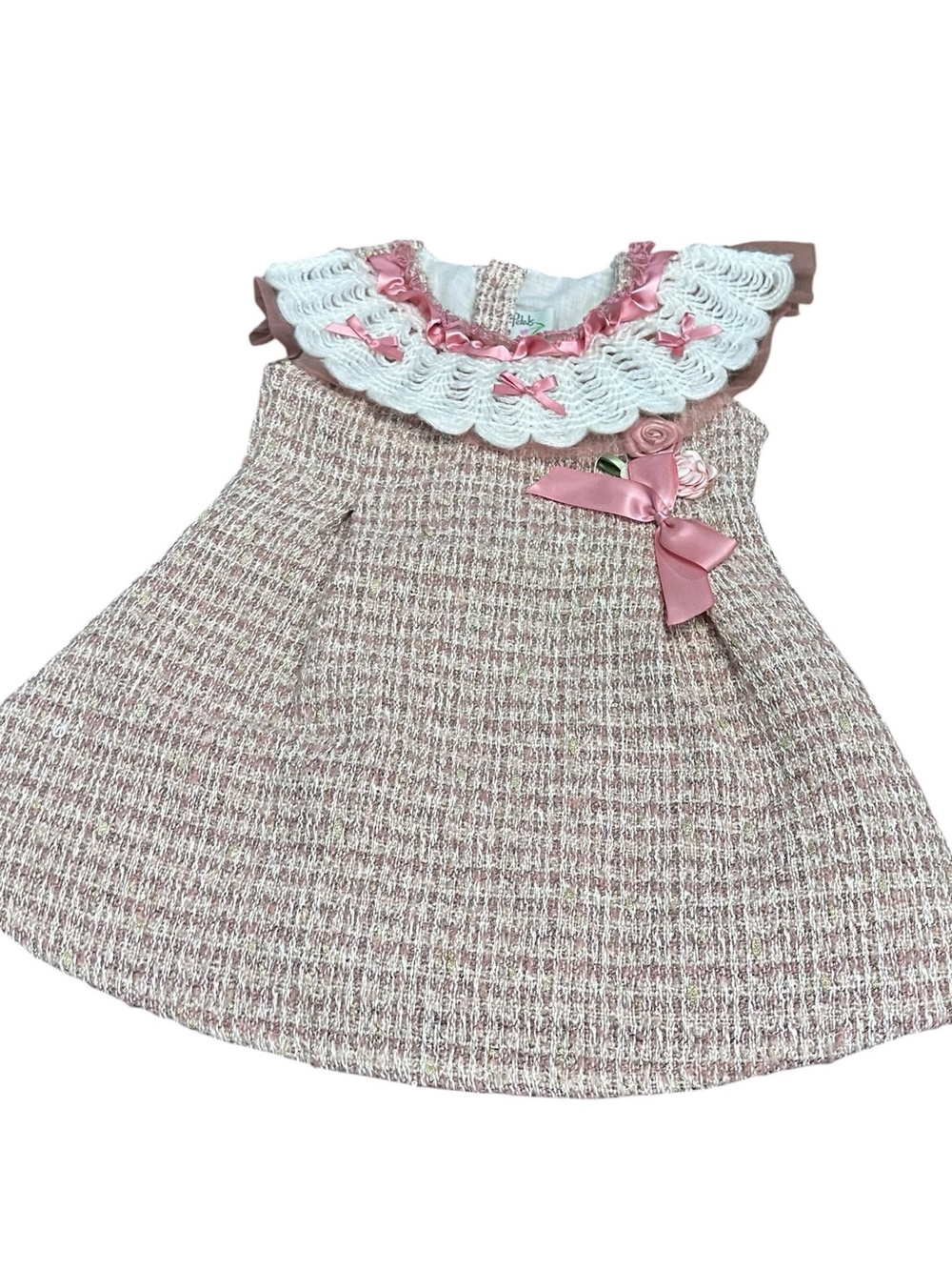Petals Girls Pink‎ Tweed Dress with Lace Collar & Satin Bows Vintage Style